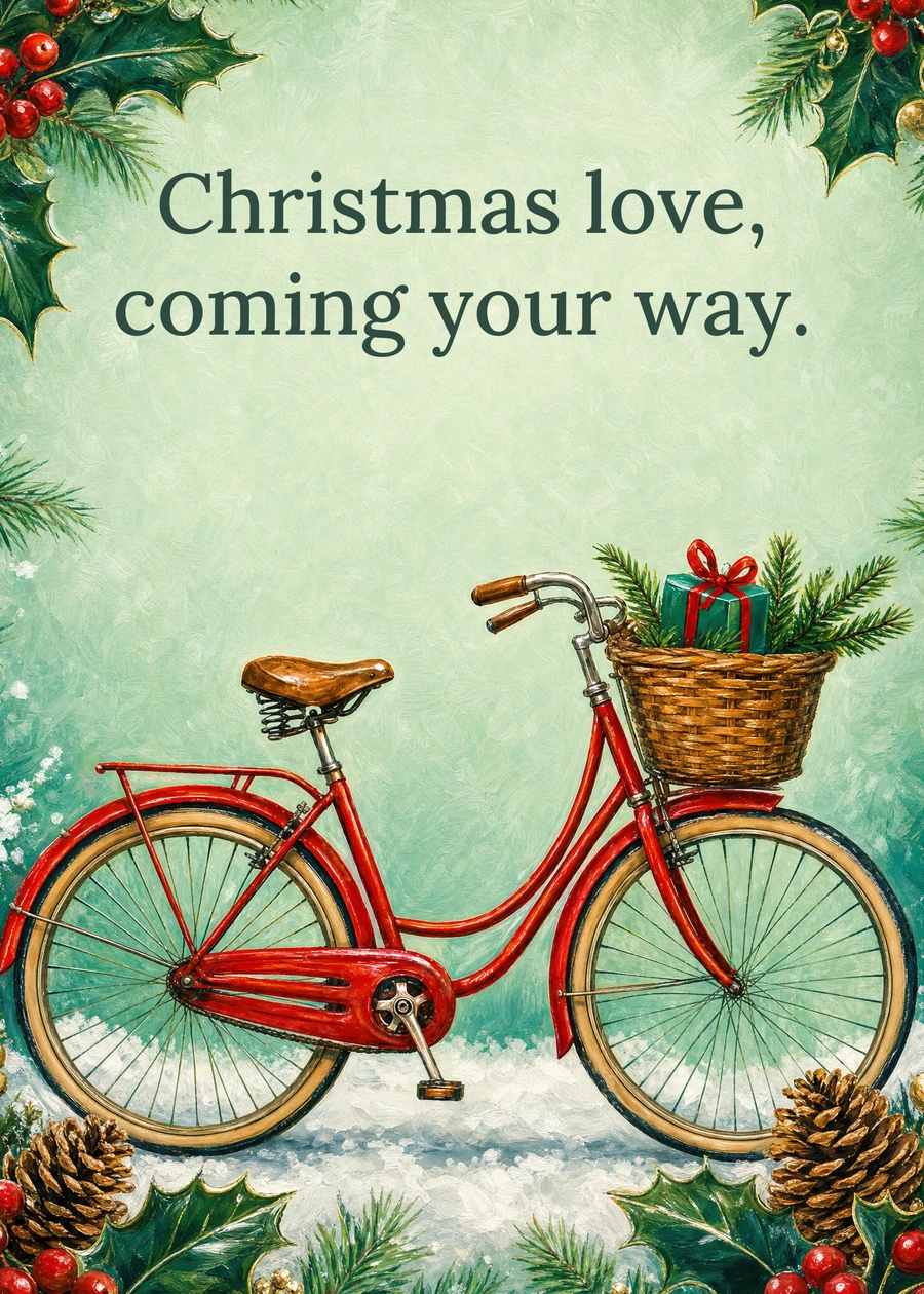 Personalized A Christmas Delivery Greeting Card front with example wording: Christmas love, coming your way.