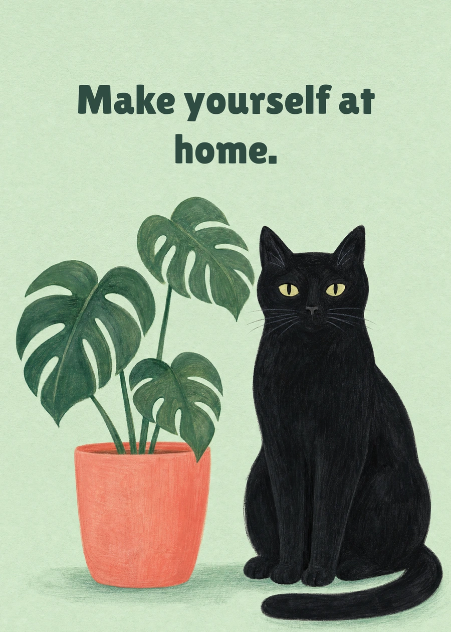 Settling In greeting card artwork: Make yourself at home.