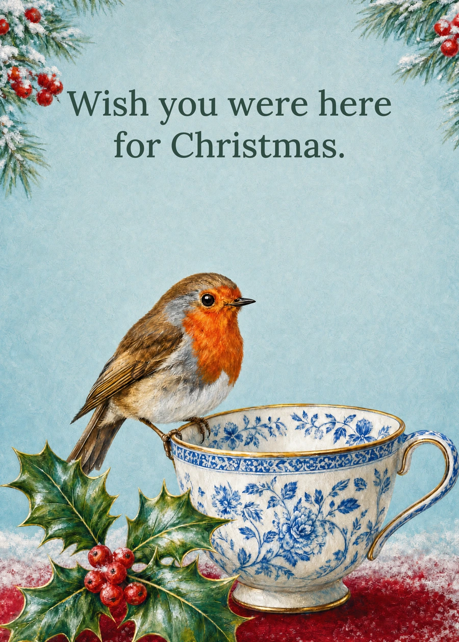 Personalized Christmas Tea for You Greeting Card front with example wording: Wish you were here for Christmas.