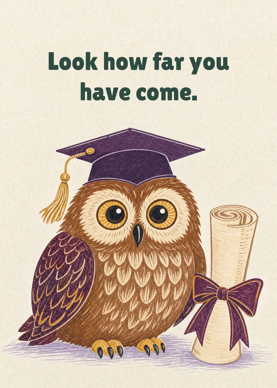 A Wise New Chapter greeting card artwork: Look how far you have come.