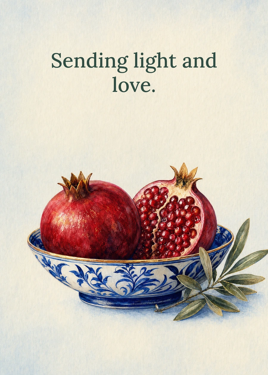 Personalized A Bowl of Hanukkah Warmth Greeting Card front with example wording: Sending light and love.