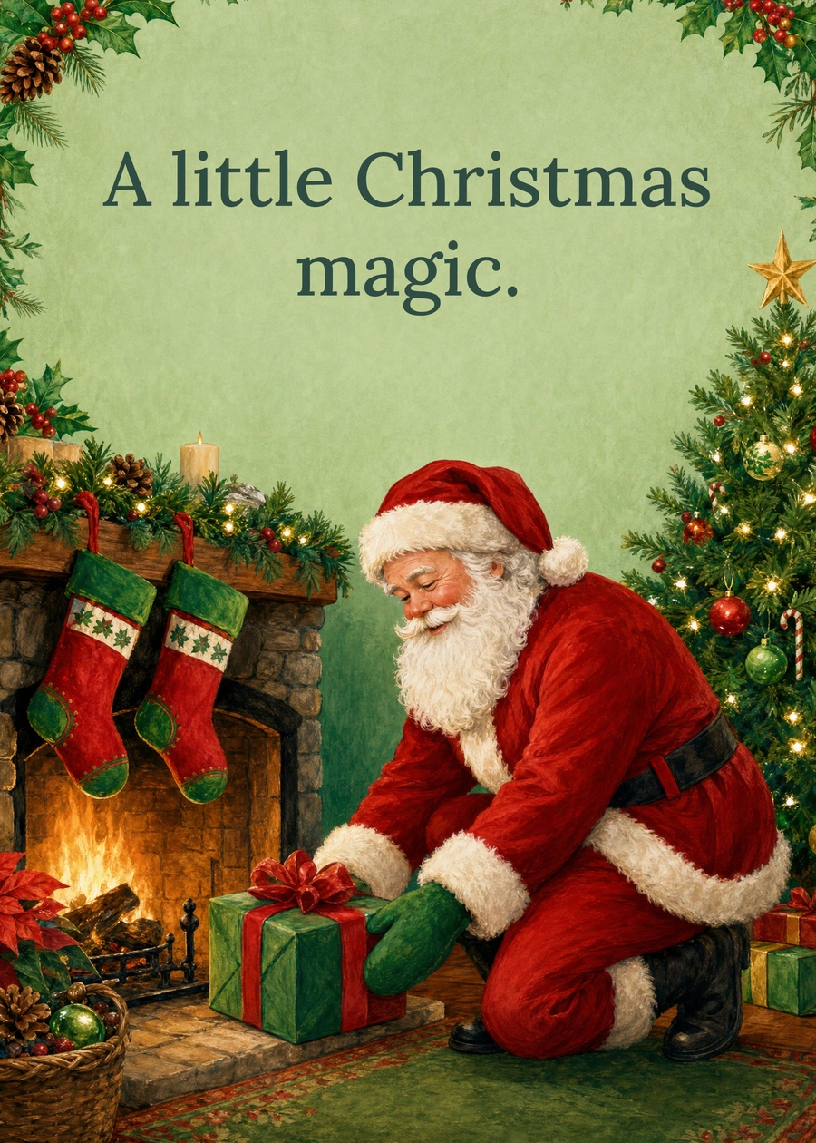 Personalized Santa by the Christmas Fire Greeting Card front with example wording: A little Christmas magic.