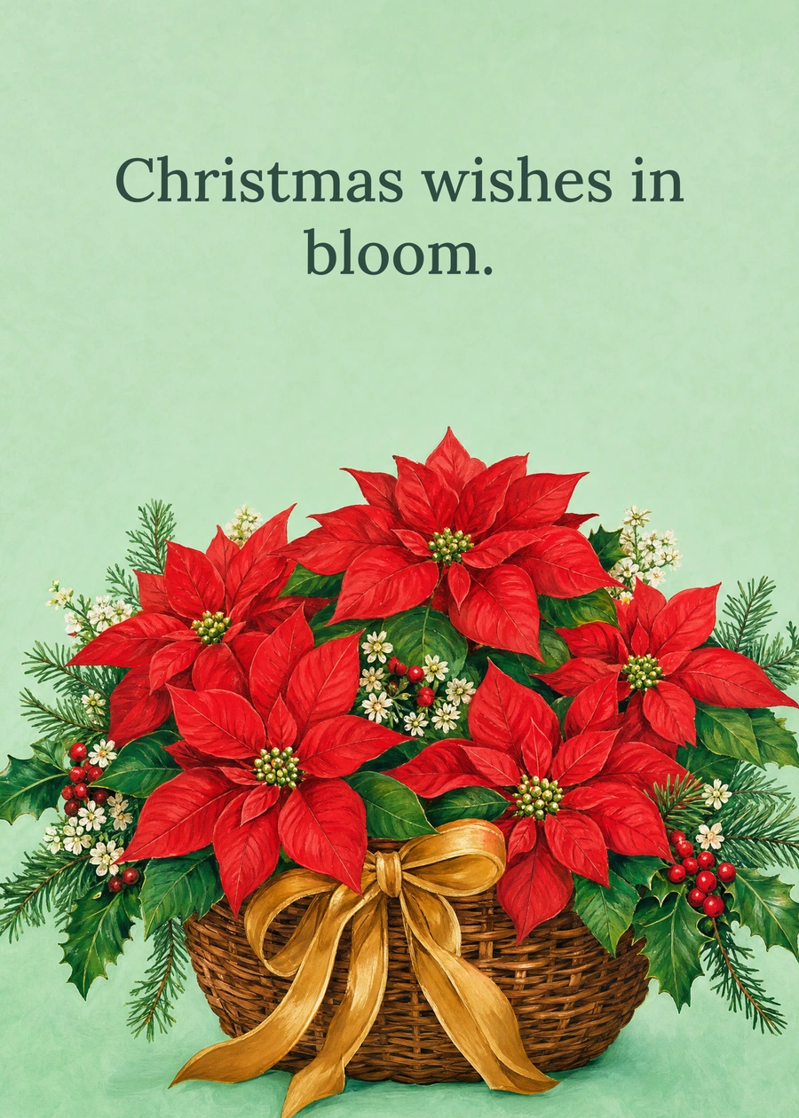 Personalized A Basket of Christmas Blooms Greeting Card front with example wording: Christmas wishes in bloom.