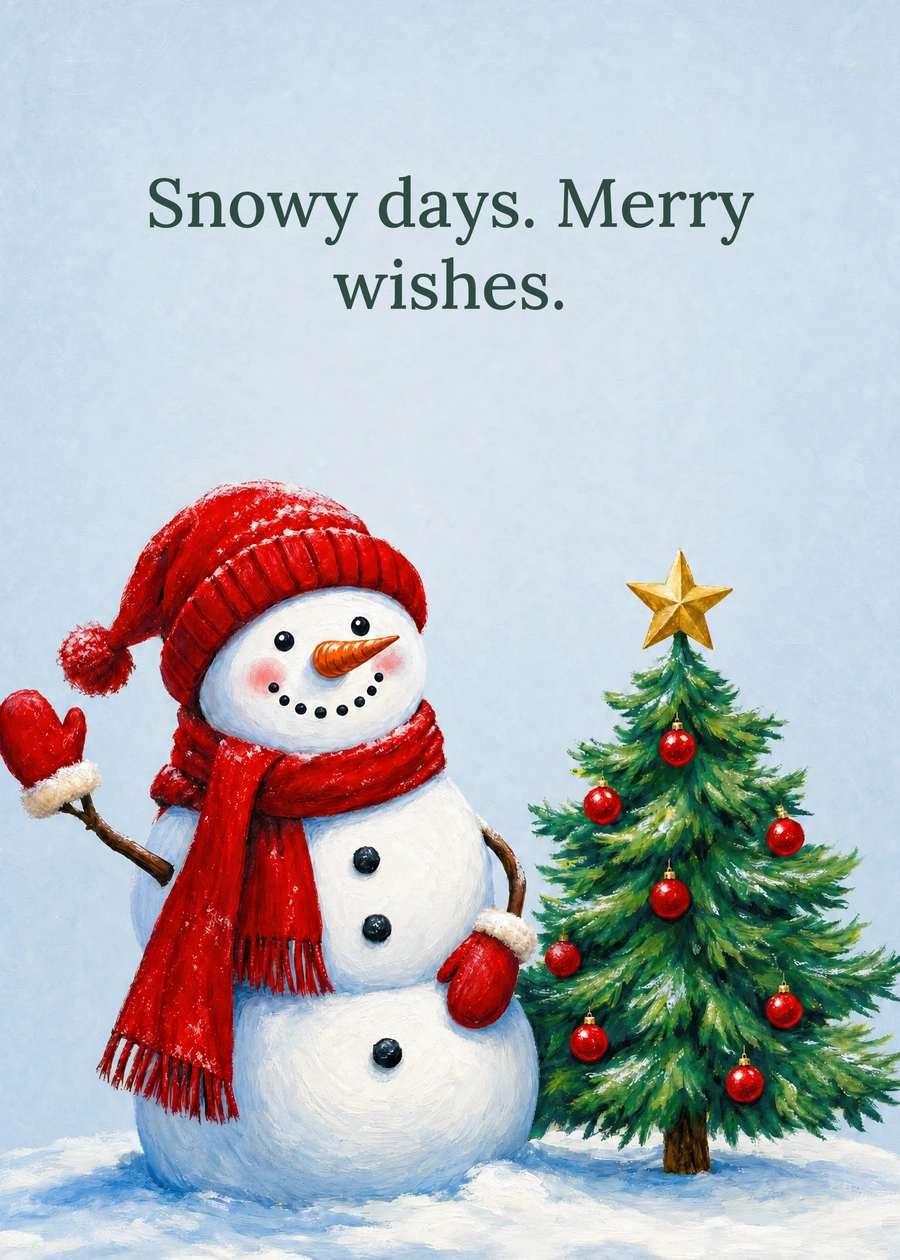 Personalized The Snowman Christmas Tree Greeting Card front with example wording: Snowy days. Merry wishes.