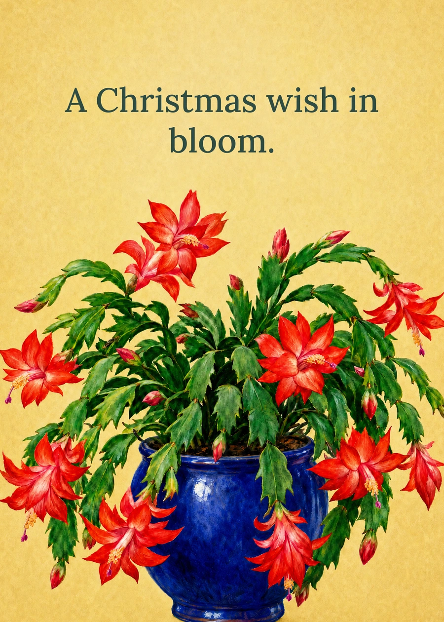 Personalized The Christmas Cactus Greeting Card front with example wording: A Christmas wish in bloom.