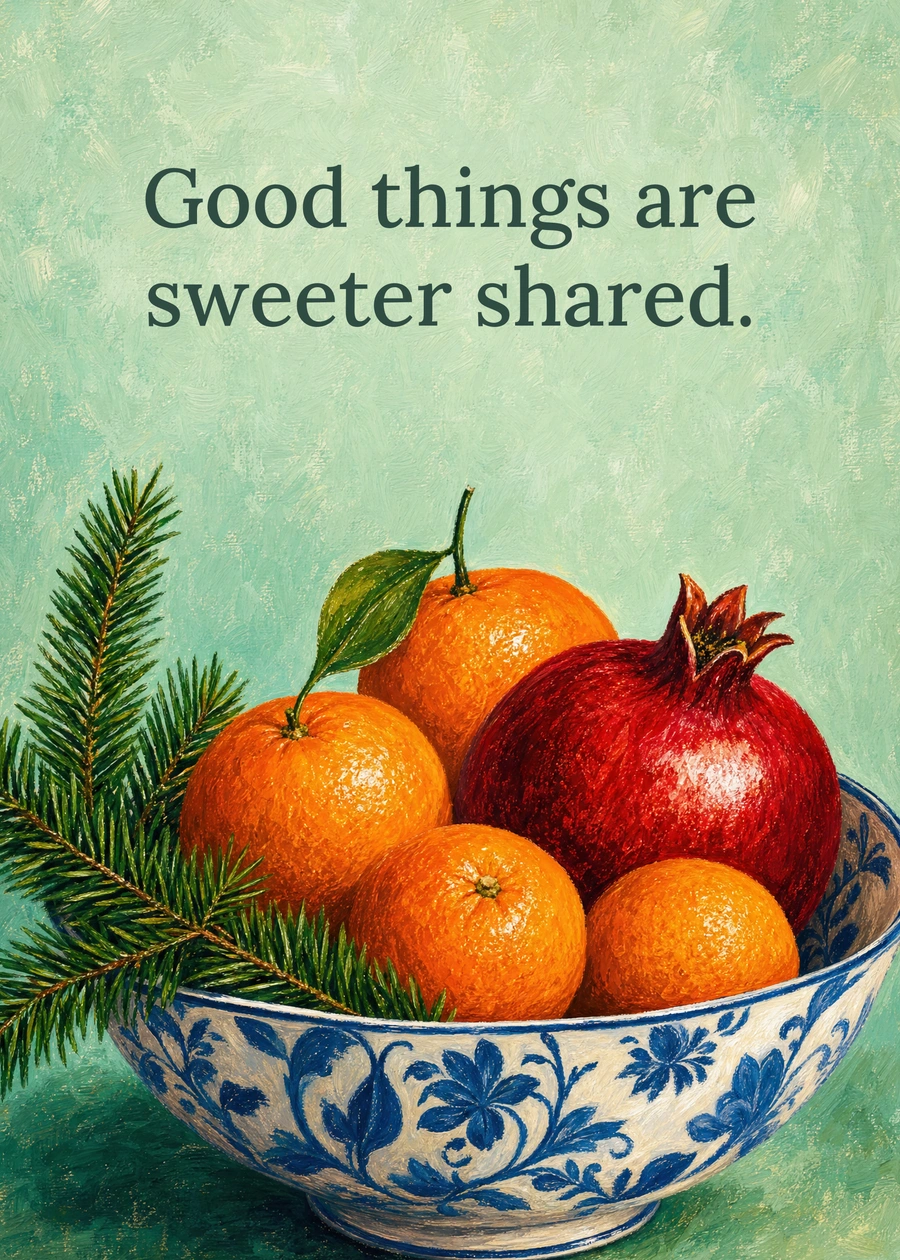Personalized A Christmas Table in Blue Greeting Card front with example wording: Good things are sweeter shared.