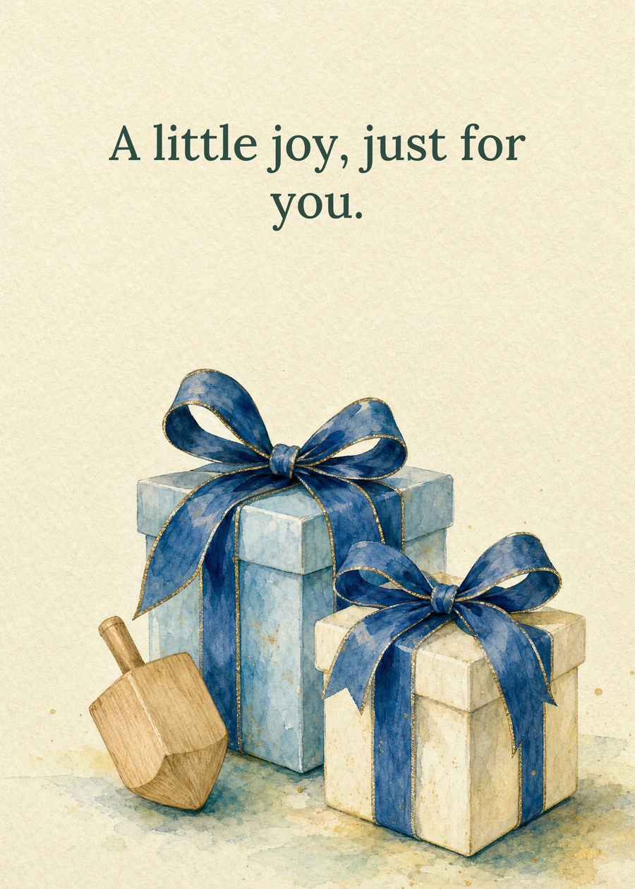 Personalized A Thoughtful Hanukkah Surprise Greeting Card front with example wording: A little joy, just for you.