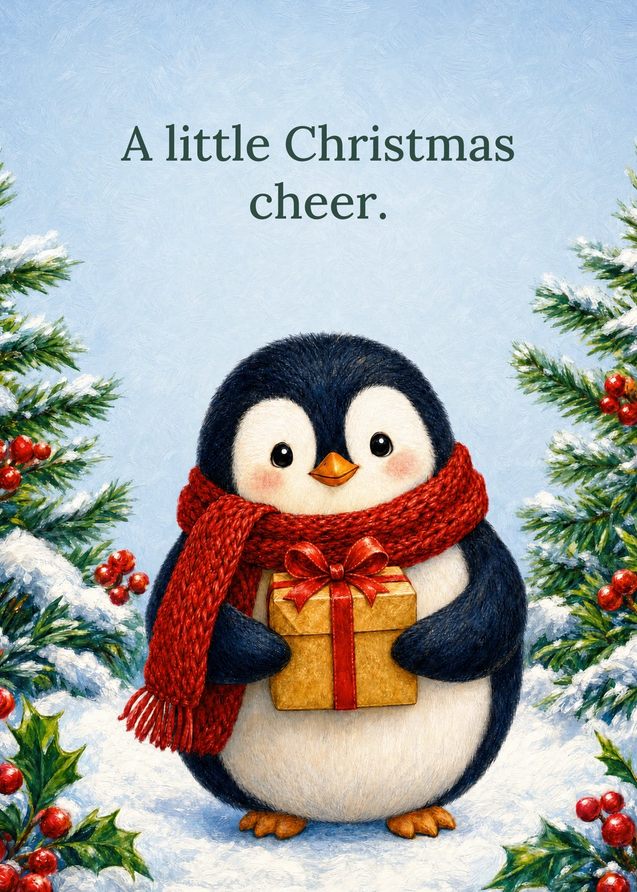 Personalized A Penguin Full of Christmas Cheer Greeting Card front with example wording: A little Christmas cheer.
