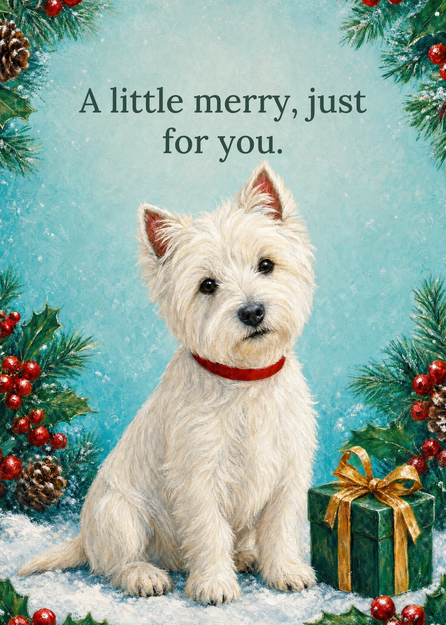 Personalized A Christmas Terrier Hello Greeting Card front with example wording: A little merry, just for you.