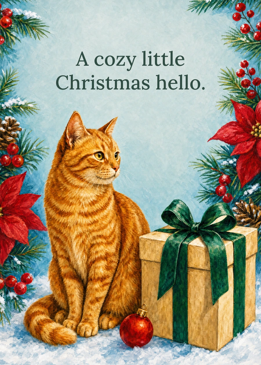 Personalized A Cat at Christmas Greeting Card front with example wording: A cozy little Christmas hello.