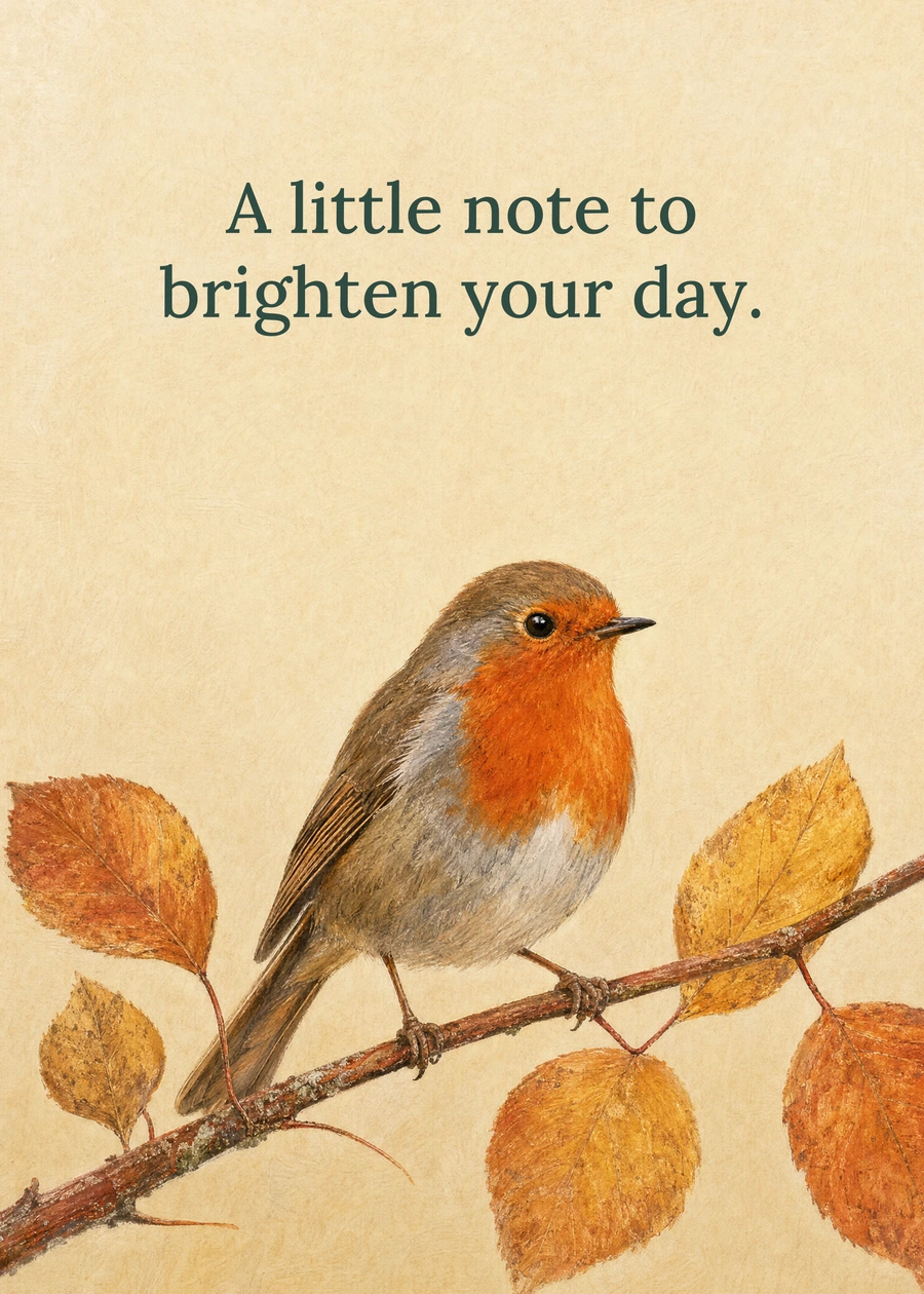 A Robin in the Leaves greeting card artwork: A little note to brighten your day.