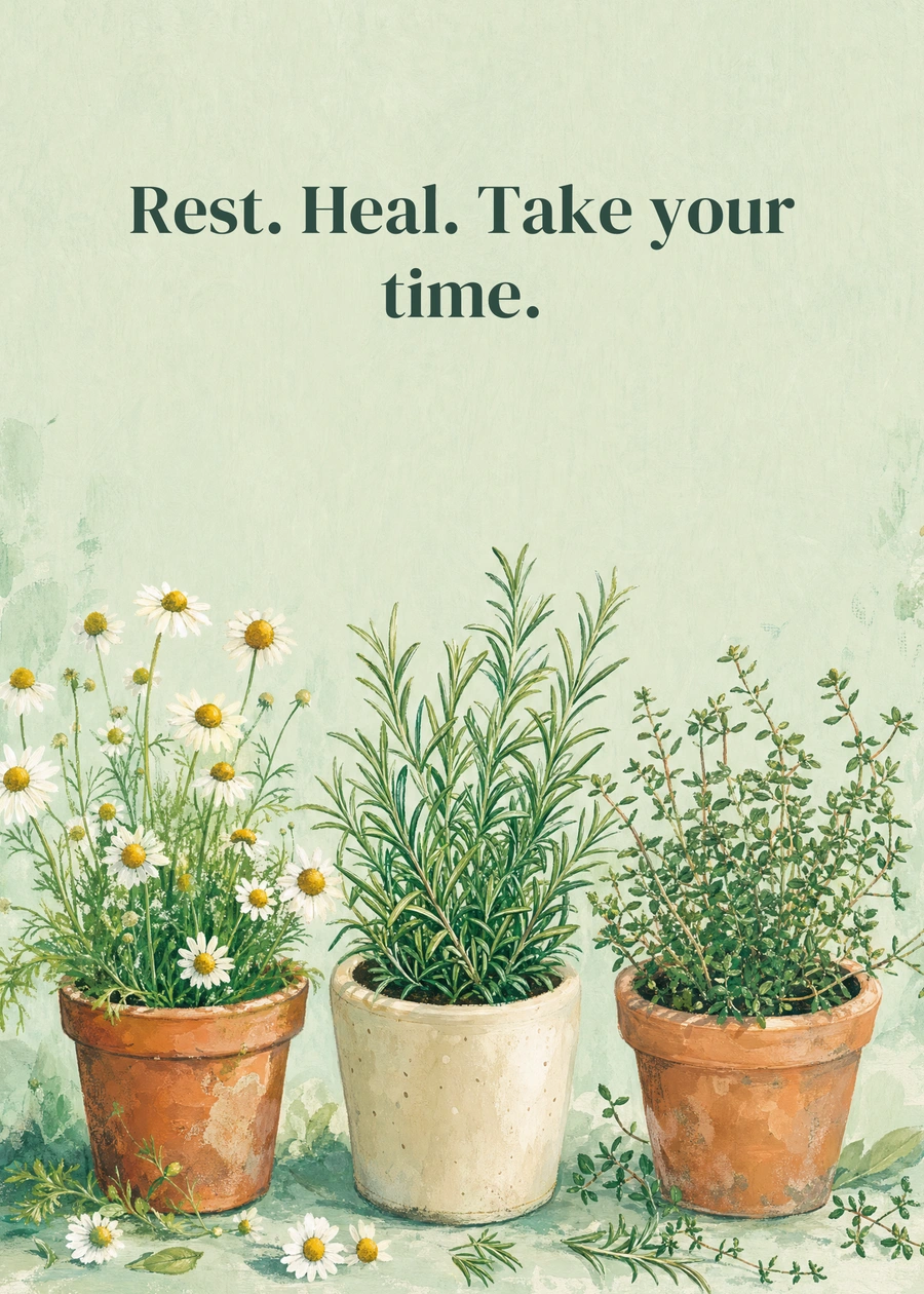 A Little Healing Garden greeting card artwork: Rest. Heal. Take your time.