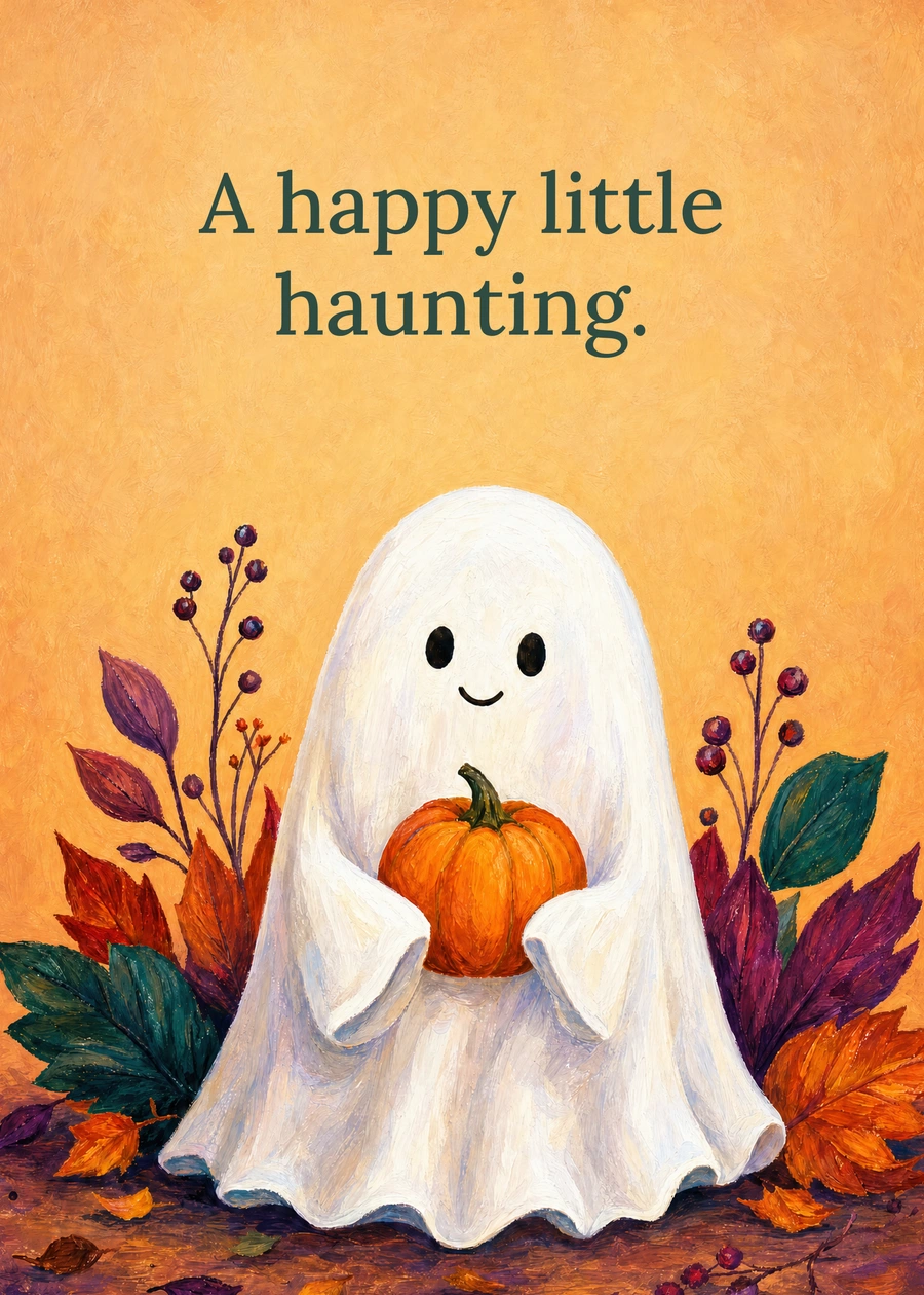 Personalized The Friendly Little Ghost Greeting Card front with example wording: A happy little haunting.