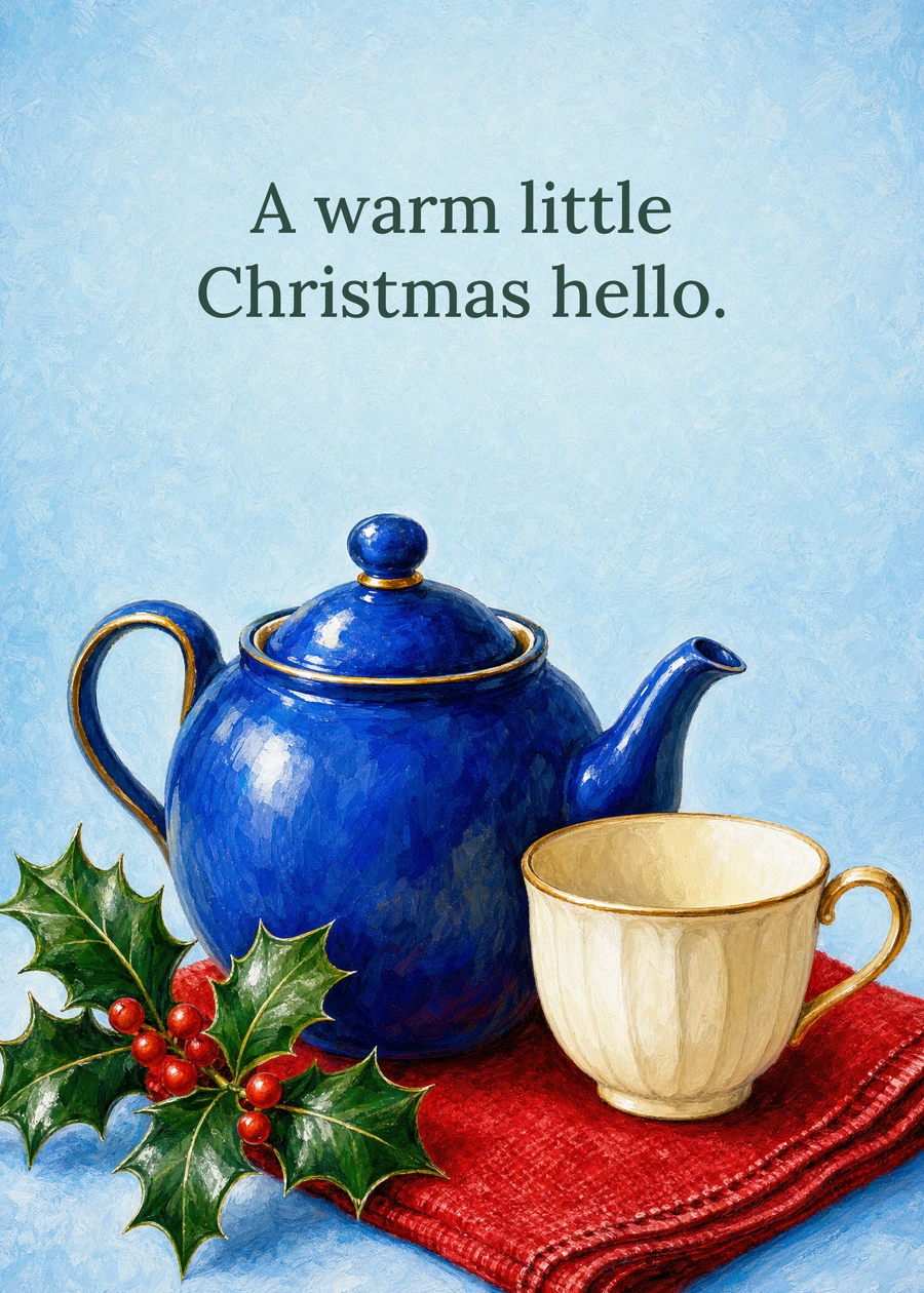 Personalized Christmas Tea in Blue Greeting Card front with example wording: A warm little Christmas hello.