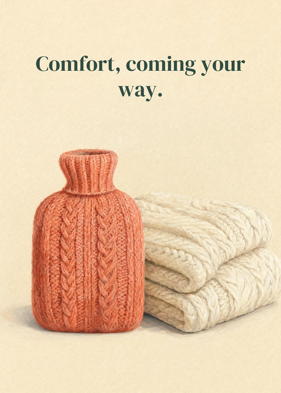 A Warm Little Thought greeting card artwork: Comfort, coming your way.