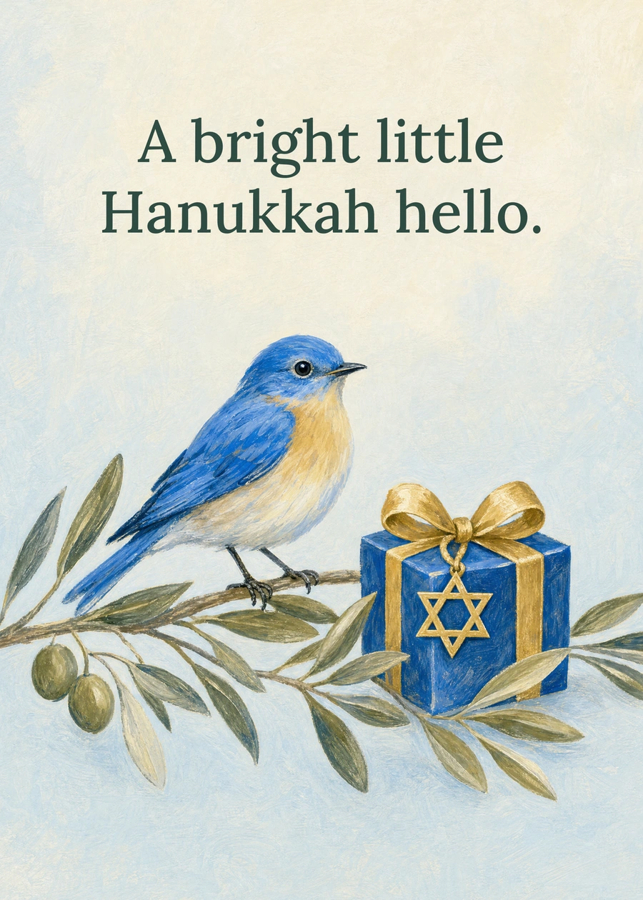 Personalized A Song for Hanukkah Greeting Card front with example wording: A bright little Hanukkah hello.