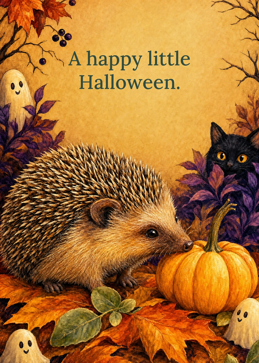 Personalized A Prickly Halloween Hello Greeting Card front with example wording: A happy little Halloween.