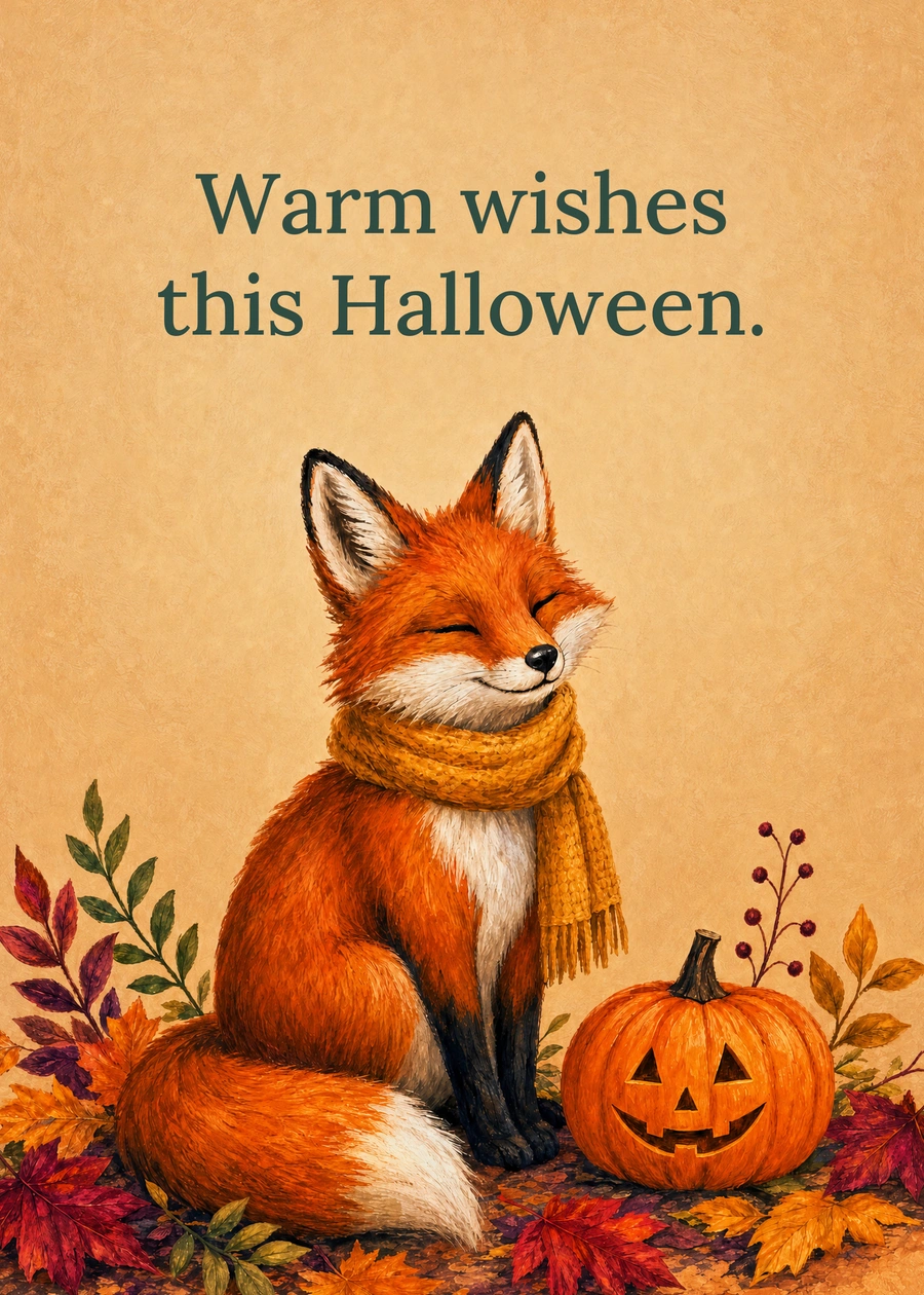 Personalized October Fox Greeting Card front with example wording: Warm wishes this Halloween.