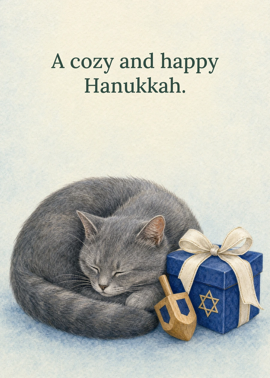 Personalized A Cozy Hanukkah Companion Greeting Card front with example wording: A cozy and happy Hanukkah.