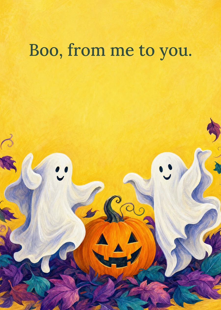 Personalized The Halloween Ghost Dance Greeting Card front with example wording: Boo, from me to you.