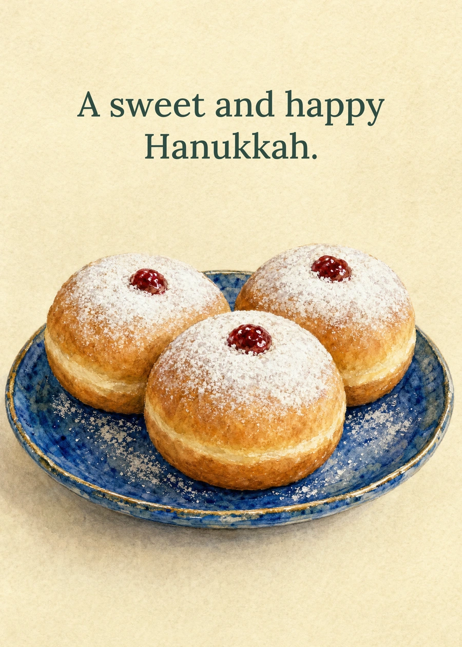 Personalized Something Sweet for Hanukkah Greeting Card front with example wording: A sweet and happy Hanukkah.