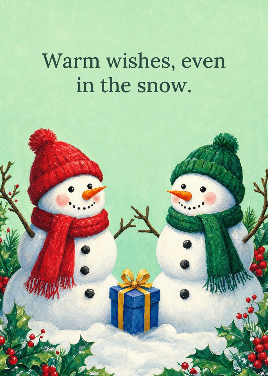 Personalized Two Snowmen, One Warm Wish Greeting Card front with example wording: Warm wishes, even in the snow.