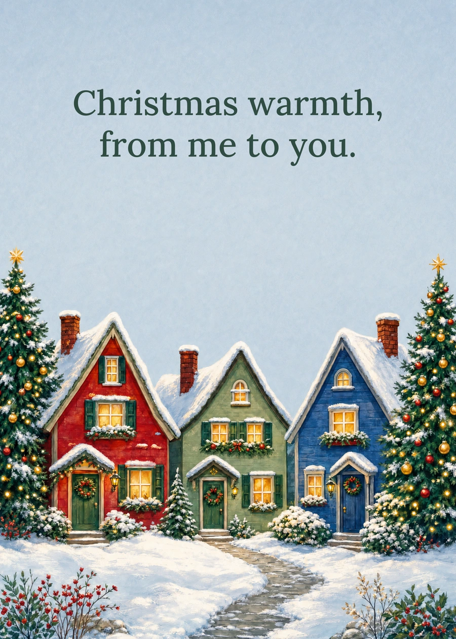 Personalized The Christmas Village Greeting Card front with example wording: Christmas warmth, from me to you.