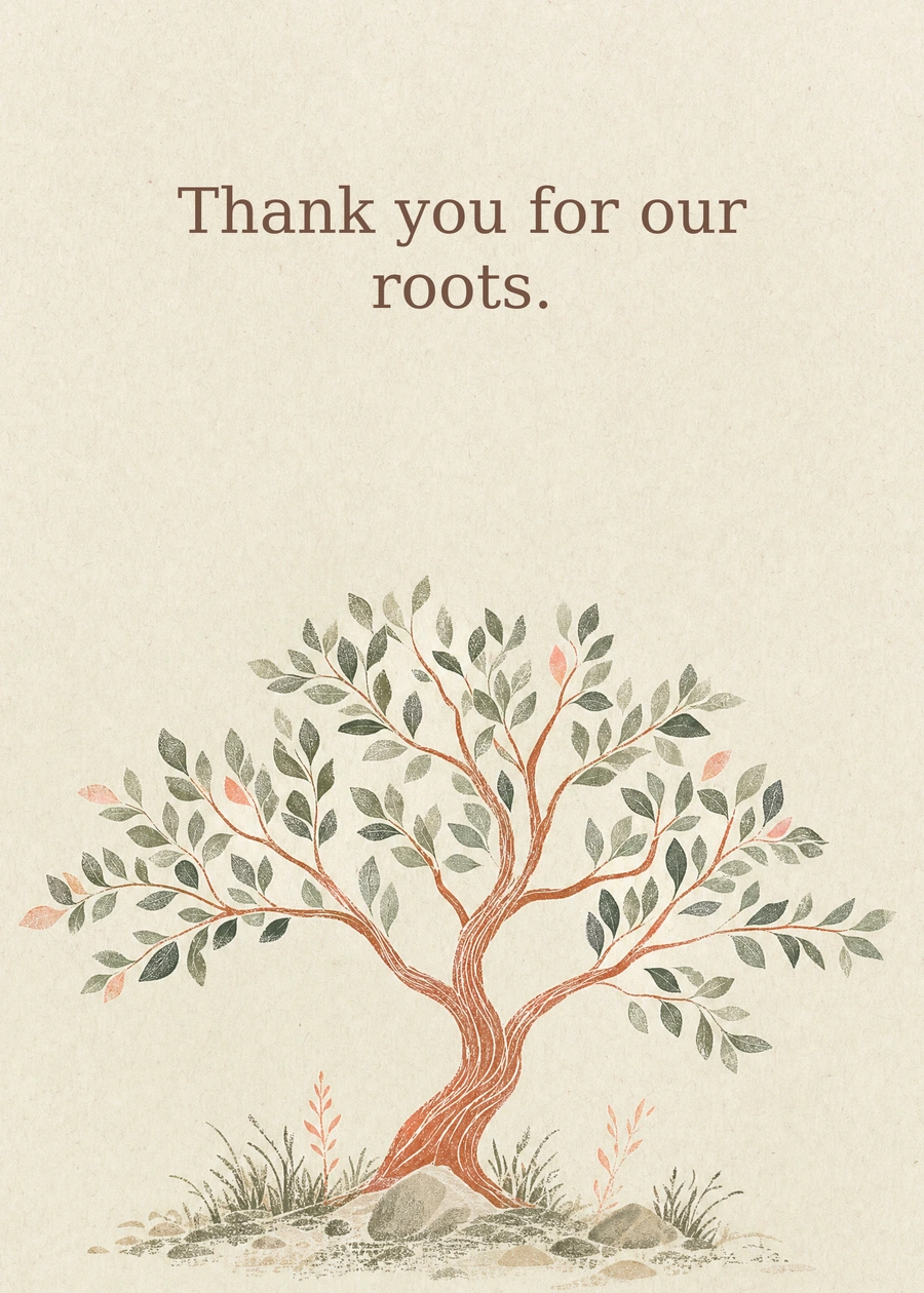 Our Little Family Tree greeting card artwork: Thank you for our roots.