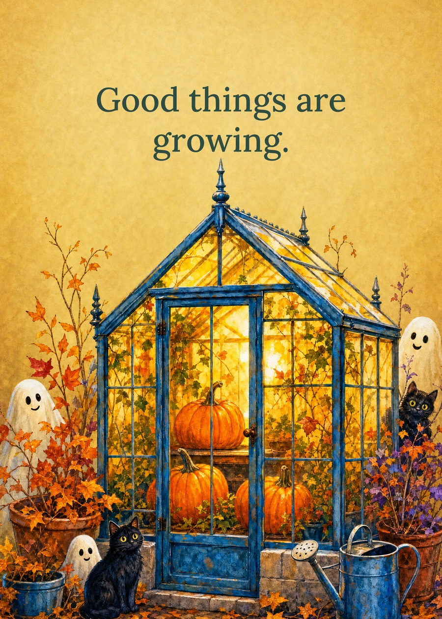 Personalized The Halloween Greenhouse Greeting Card front with example wording: Good things are growing.