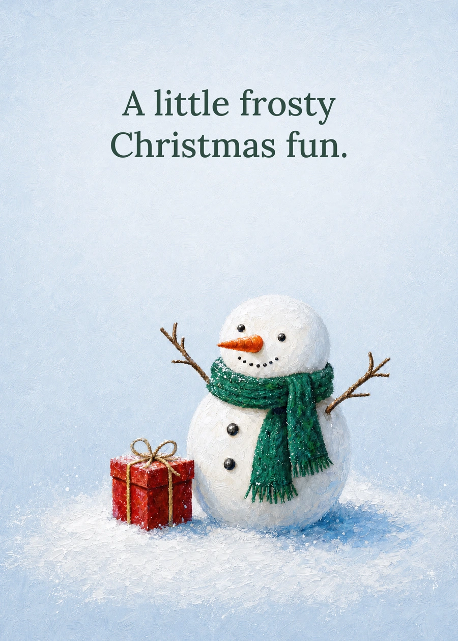 Personalized The Little Winter Snowman Greeting Card front with example wording: A little frosty Christmas fun.