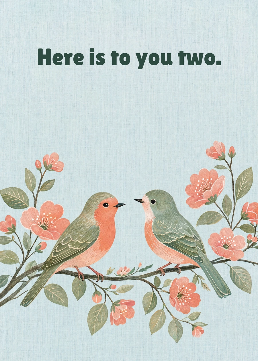 Two Little Lovebirds greeting card artwork: Here is to you two.