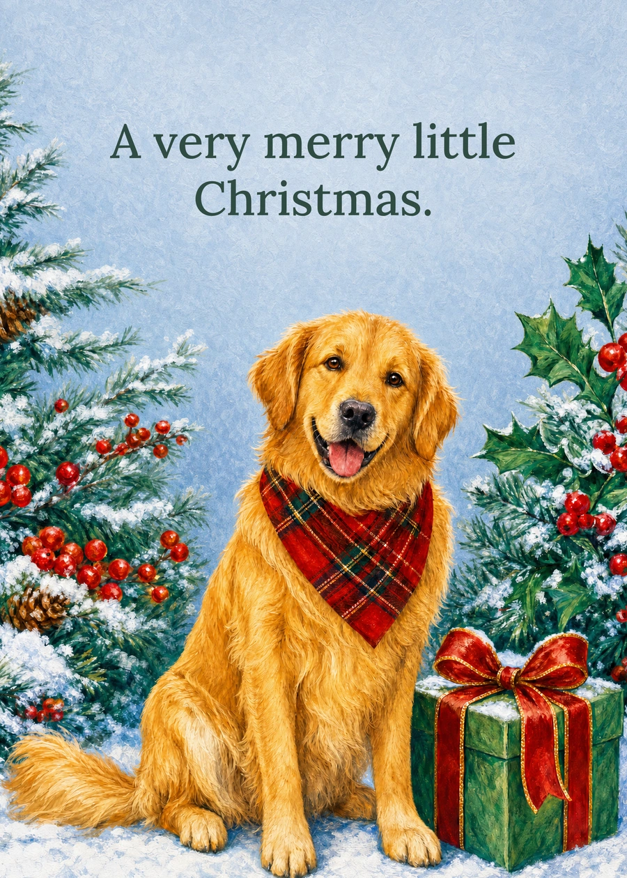 Personalized A Very Merry Golden Greeting Card front with example wording: A very merry little Christmas.