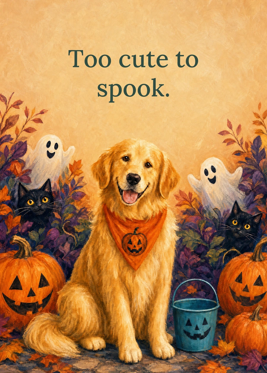 Personalized The Pumpkin Pup Greeting Card front with example wording: Too cute to spook.