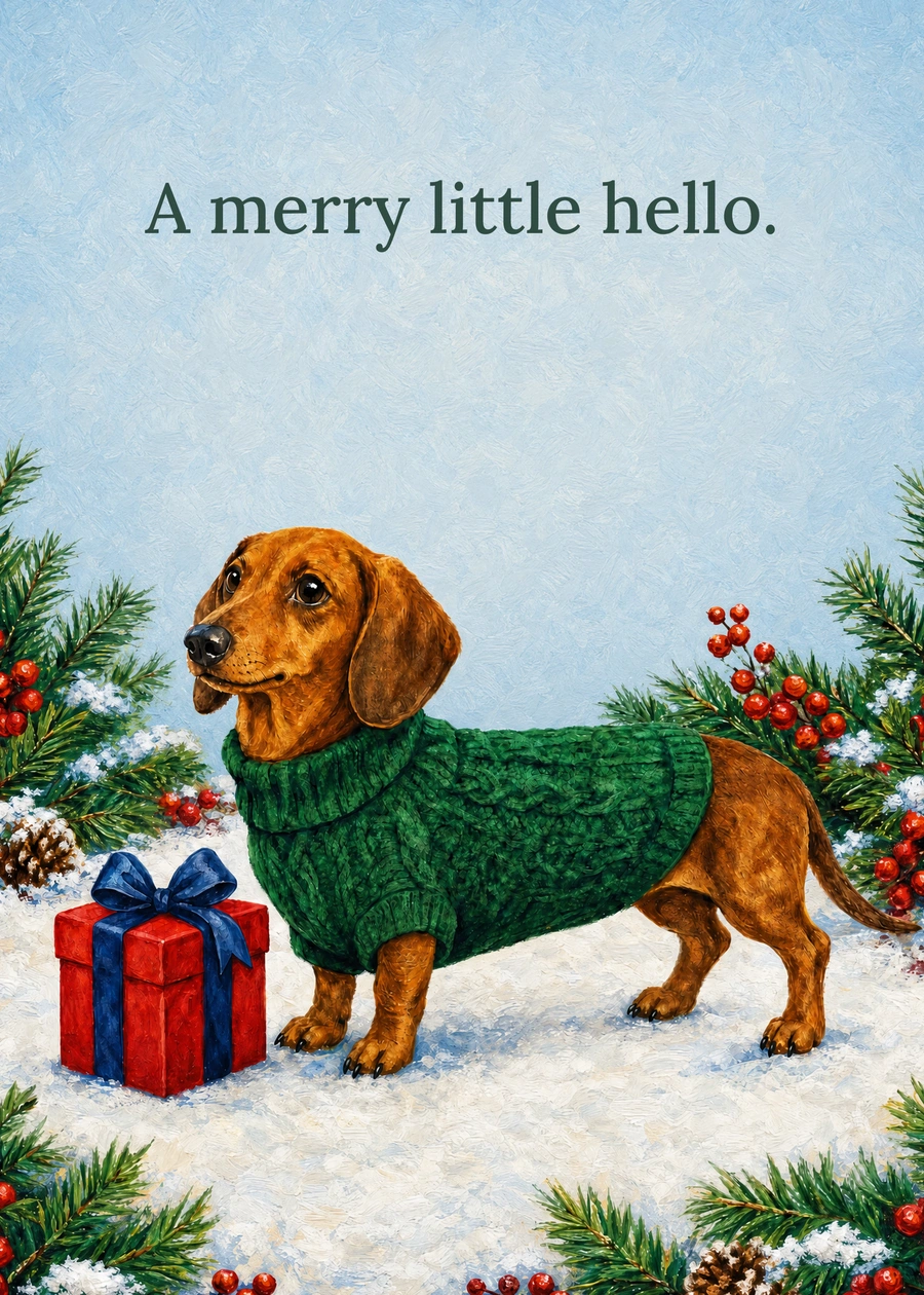 Personalized A Merry Little Dachshund Greeting Card front with example wording: A merry little hello.