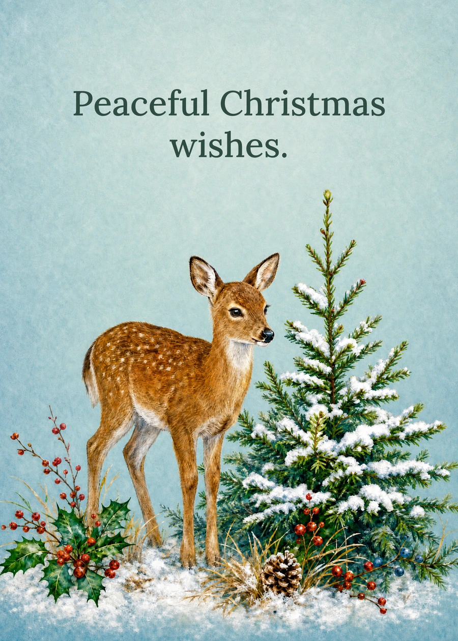 Personalized A Gentle Christmas Wish Greeting Card front with example wording: Peaceful Christmas wishes.