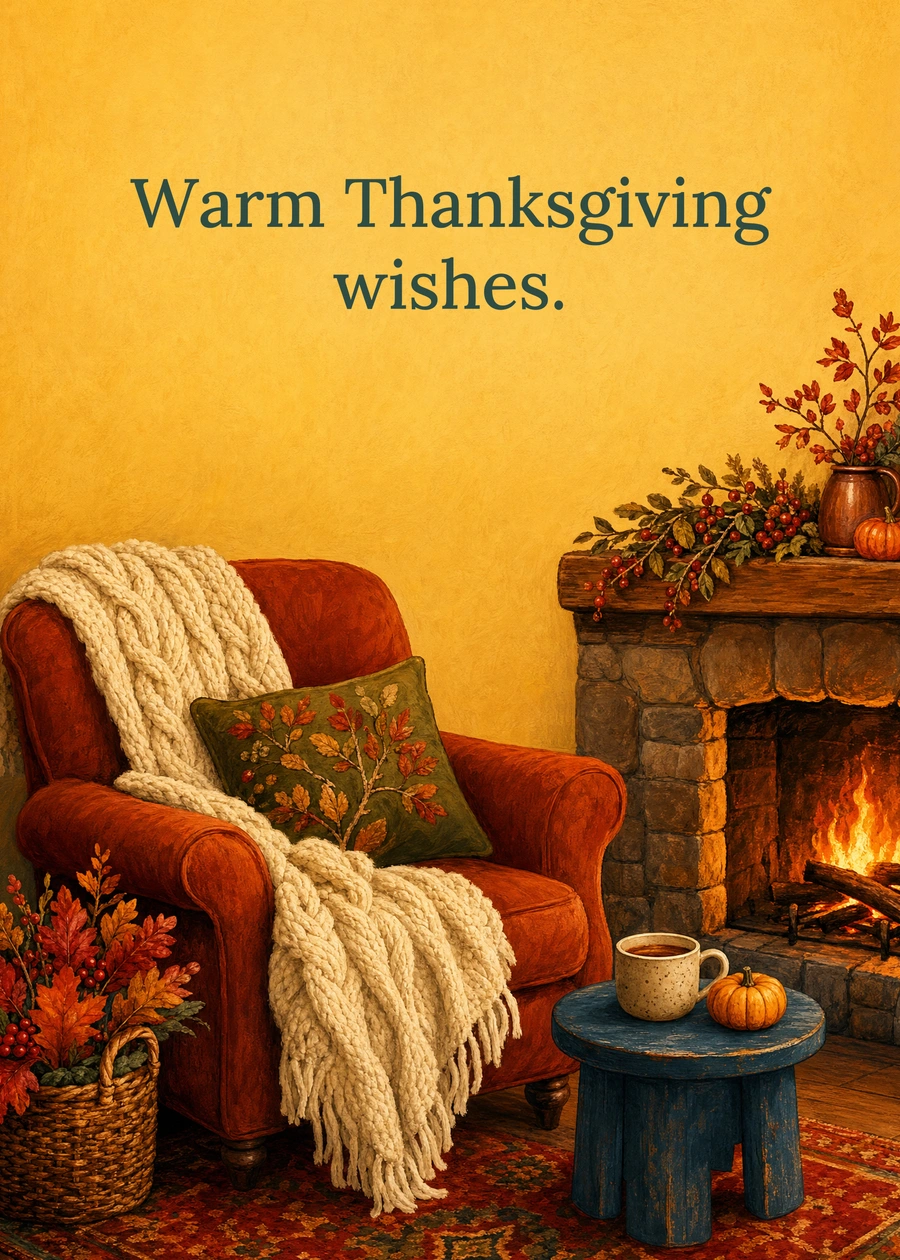 Personalized A Cozy Thanksgiving Corner Greeting Card front with example wording: Warm Thanksgiving wishes.