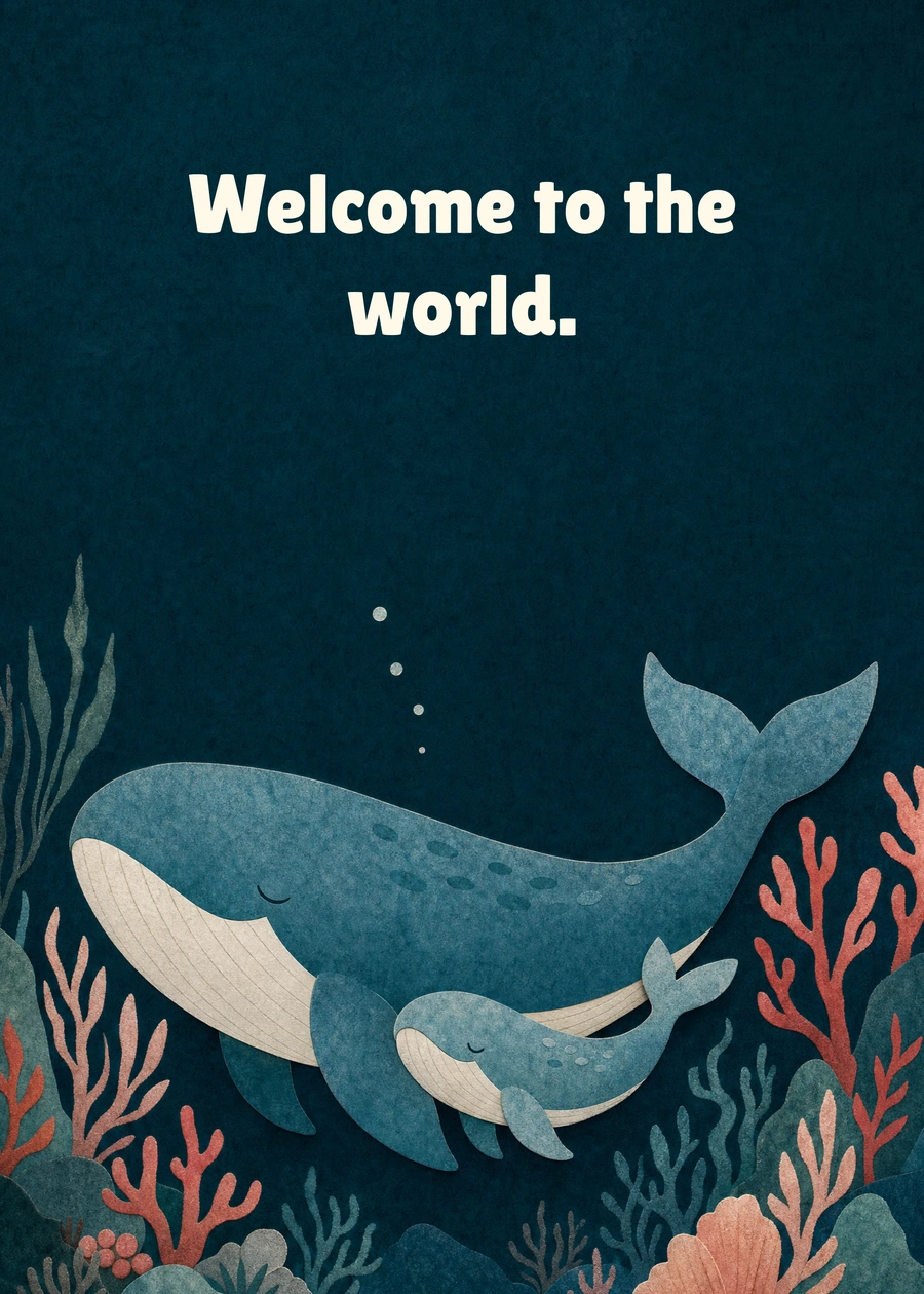 Welcome, Little Whale greeting card artwork: Welcome to the world.