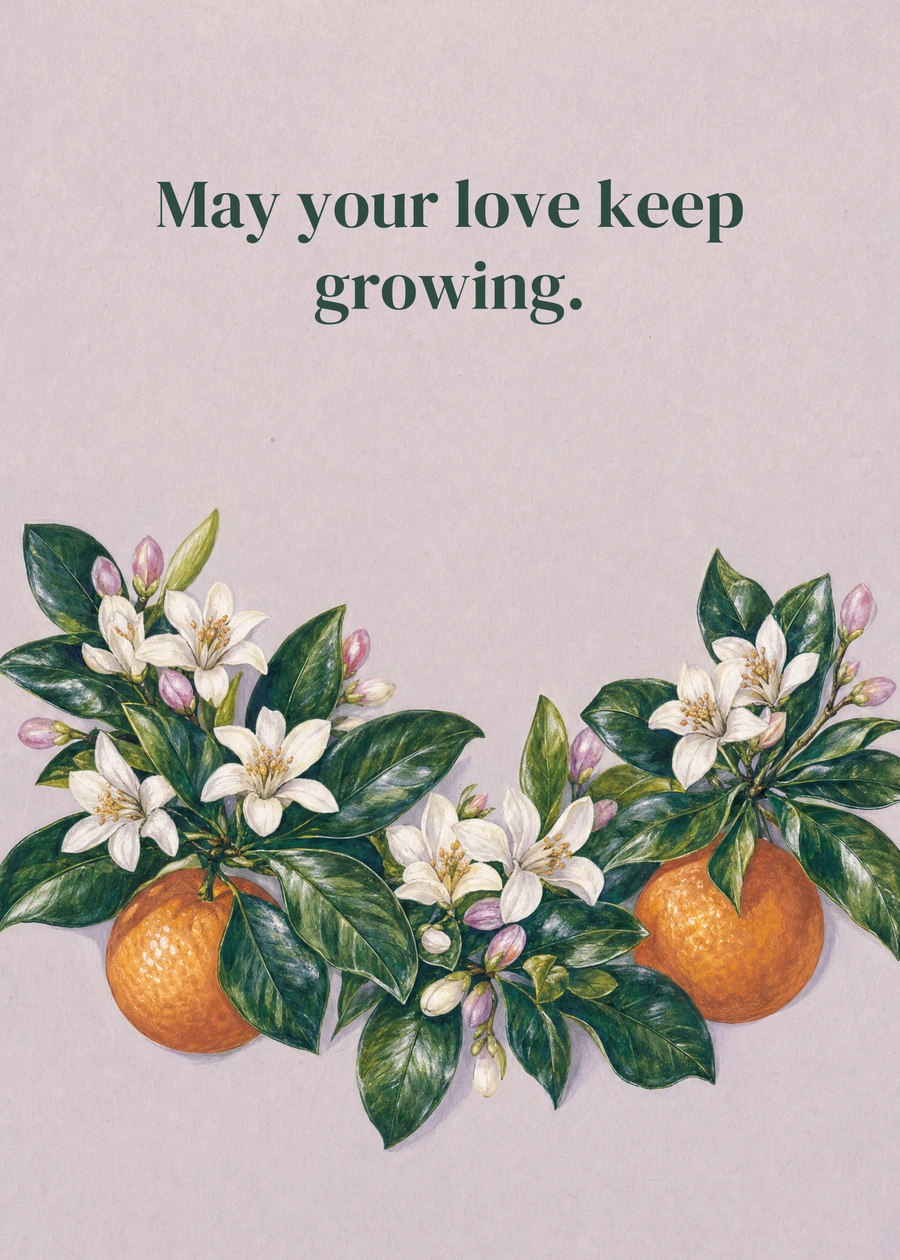 Orange Blossom Wishes greeting card artwork: May your love keep growing.