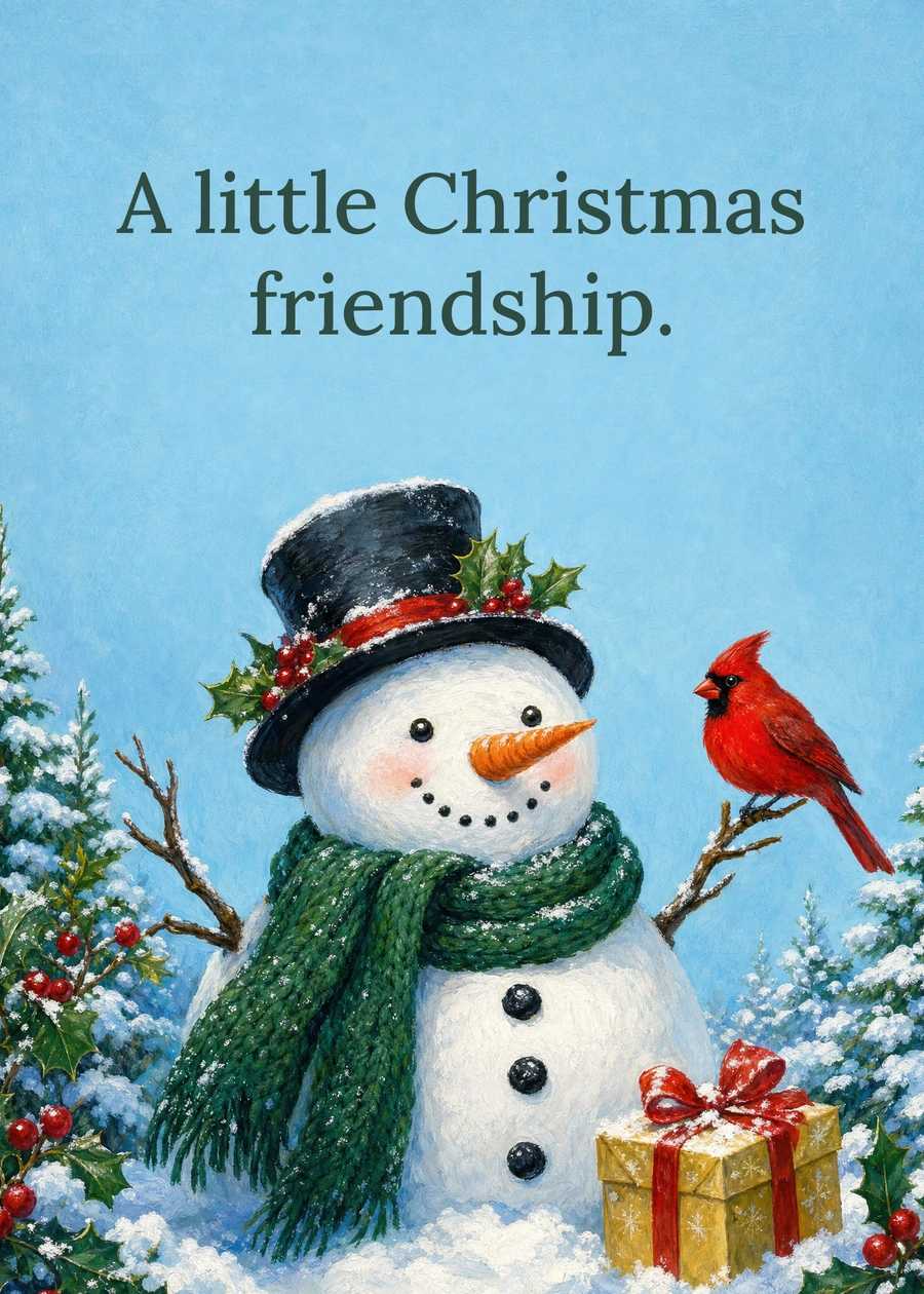 Personalized A Snowman and a Winter Friend Greeting Card front with example wording: A little Christmas friendship.