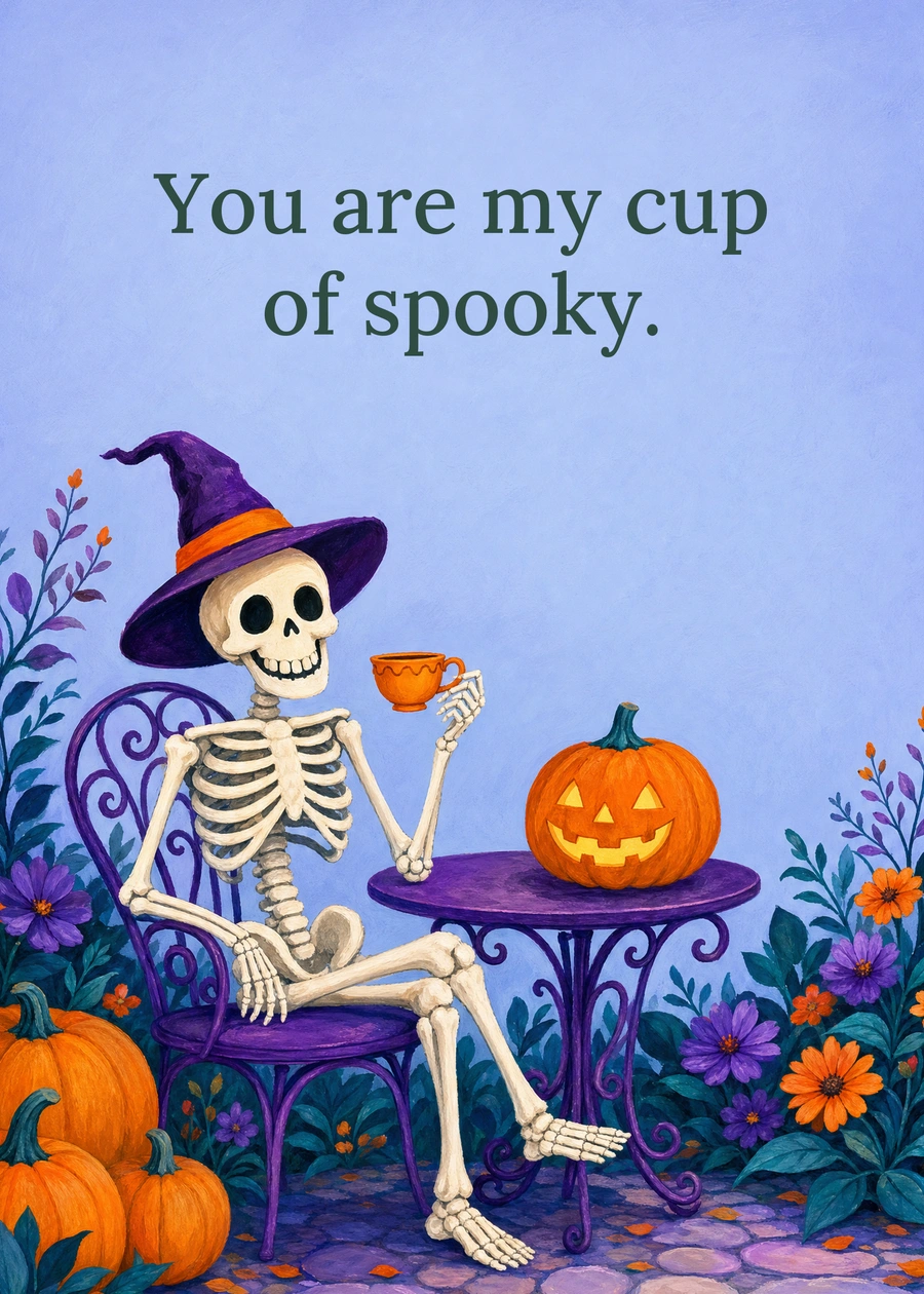 Personalized A Spirited Cup of Tea Greeting Card front with example wording: You are my cup of spooky.