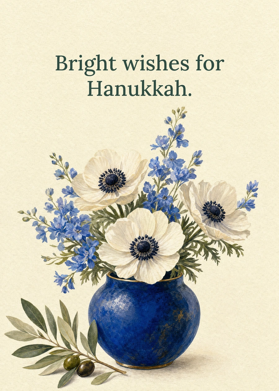 Personalized Hanukkah Flowers for You Greeting Card front with example wording: Bright wishes for Hanukkah.