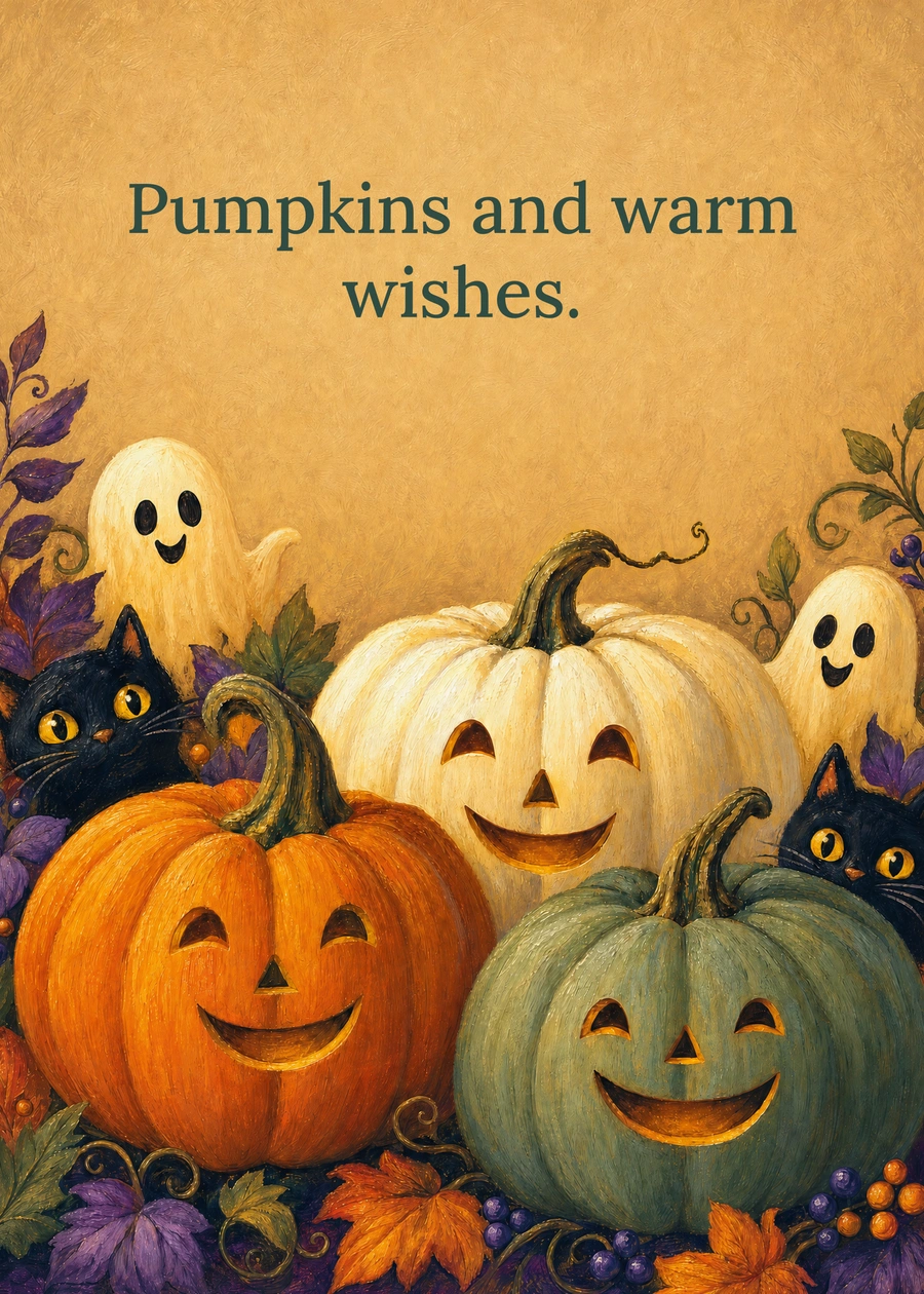 Personalized Three Happy Pumpkins Greeting Card front with example wording: Pumpkins and warm wishes.