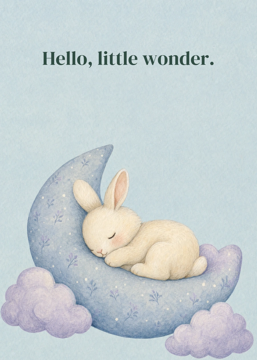 Moonlit Little Bunny greeting card artwork: Hello, little wonder.