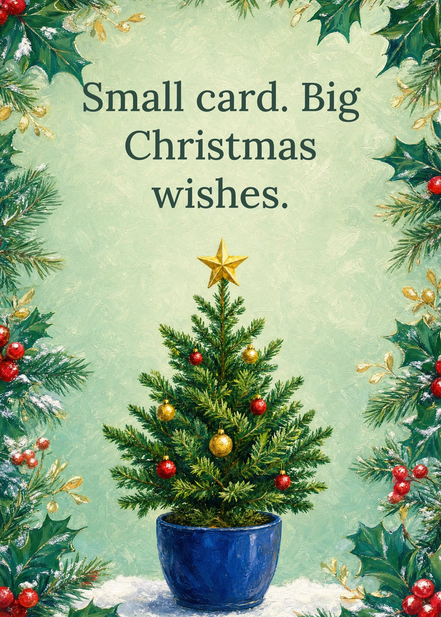 Personalized The Little Christmas Tree Greeting Card front with example wording: Small card. Big Christmas wishes.
