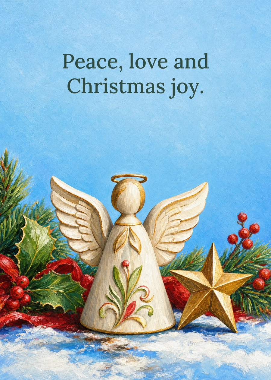 Personalized A Quiet Christmas Angel Greeting Card front with example wording: Peace, love and Christmas joy.