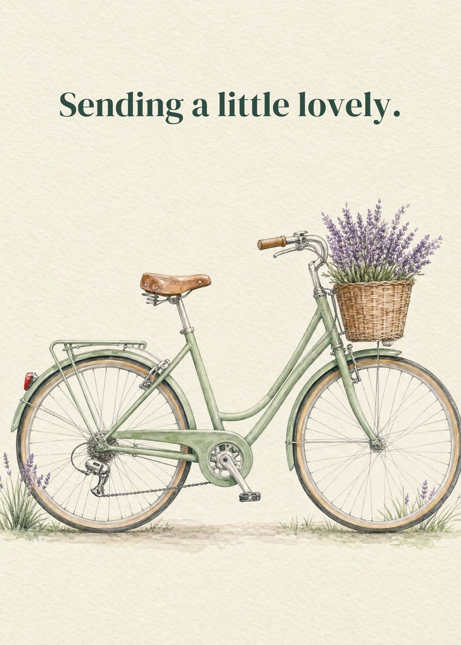 Personalized A Thought on Two Wheels Greeting Card front with example wording: Sending a little lovely.