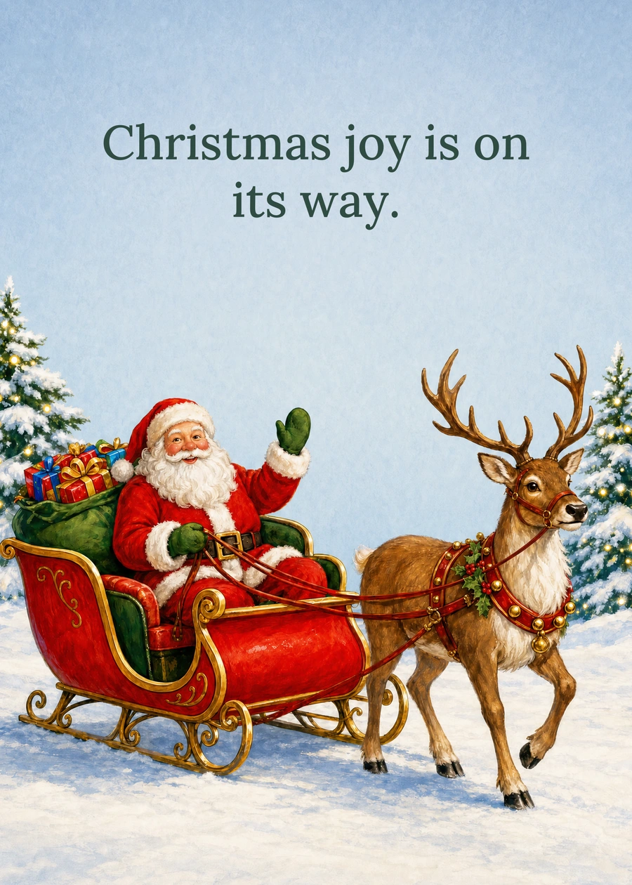 Personalized Santa on His Way Greeting Card front with example wording: Christmas joy is on its way.