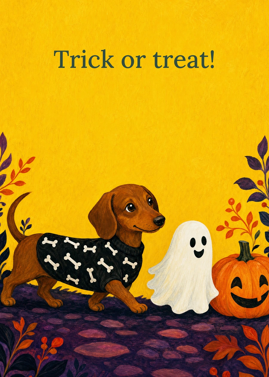 Personalized The Little Skeleton Parade Greeting Card front with example wording: Trick or treat!
