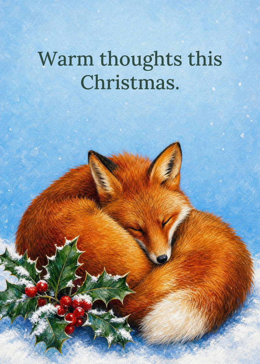 Personalized A Fox in the Christmas Garden Greeting Card front with example wording: Warm thoughts this Christmas.