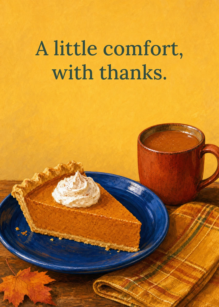 Personalized A Cozy Slice of Thanksgiving Greeting Card front with example wording: A little comfort, with thanks.